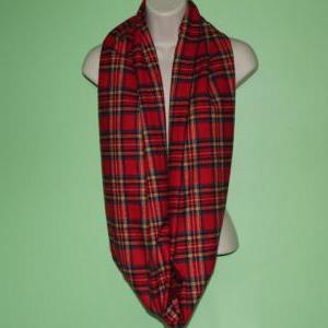 Red Plaid Infinity Scarf, Flannel Infinity Scarf..
