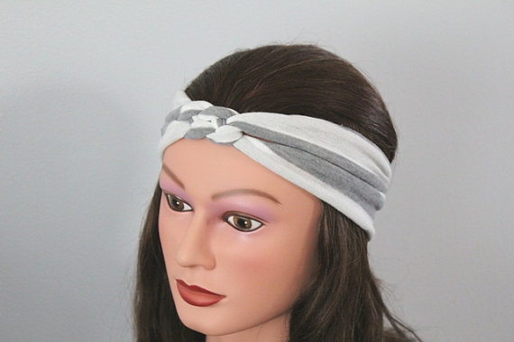 Grey Stripe Knotted Jersey Headband, T-shirt Headband, Sailor's Knot Headband, Yoga Headband, Grey Hairband