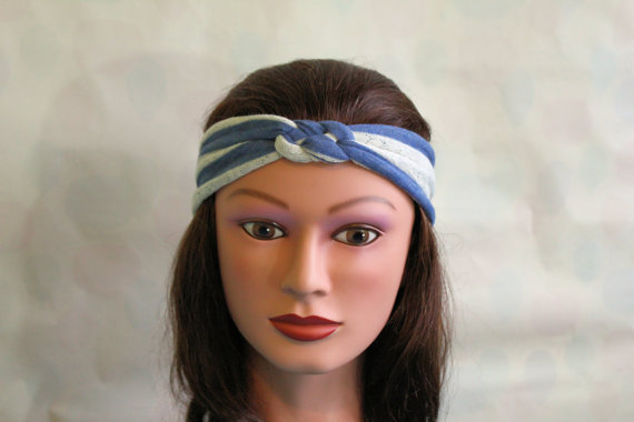 Blue And White Stripe Knotted Jersey Headband, T-shirt Headband, Sailor's Knot Headband, Yoga Headband, Stripe Hairband