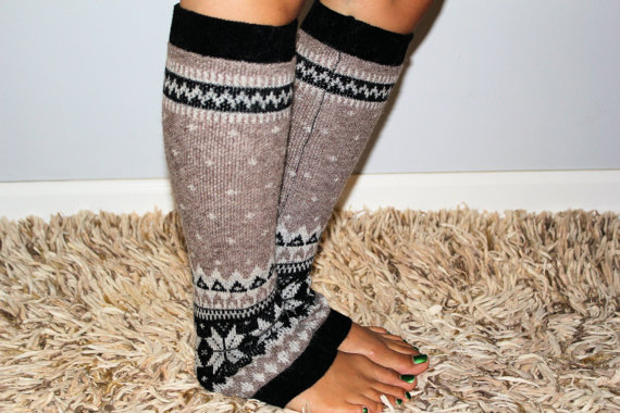 Women's Taupe Knitted Leg Warmer Or Boot Topper With Pattern, Stocking Stuffers, Stripe Open Boot Socks