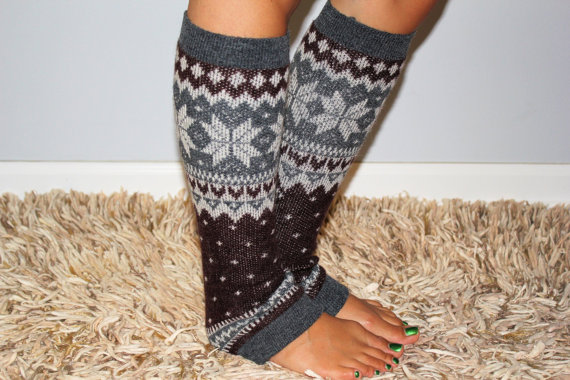 Women's Brown Knitted Leg Warmer Or Boot Topper With Pattern, Stocking Stuffers, Stripe Open Boot Socks